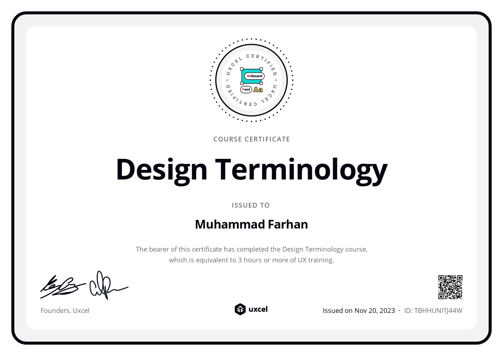 Muhammad Farhan's certificate